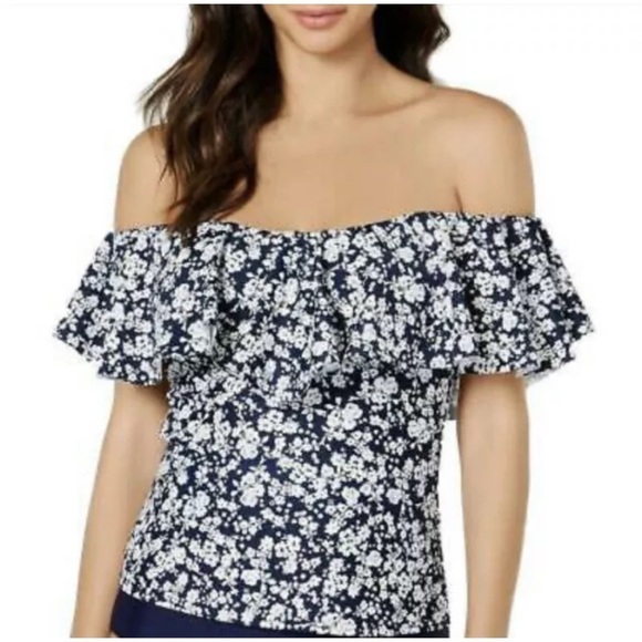 Island Escape Bliss Printed La Flor Ruffled Off-the-Shoulder Tankini Top 6 NEW - Picture 3 of 16